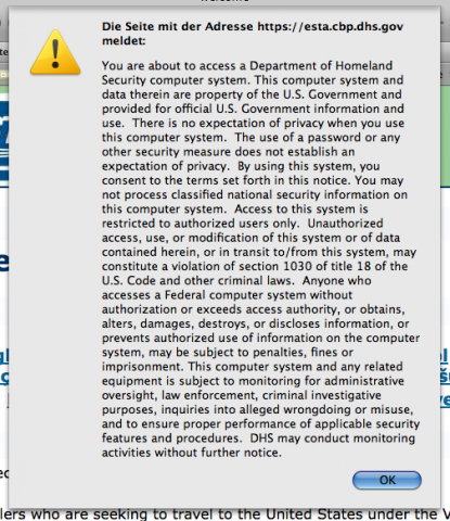 Hinweis bei der ESTA Registrierung